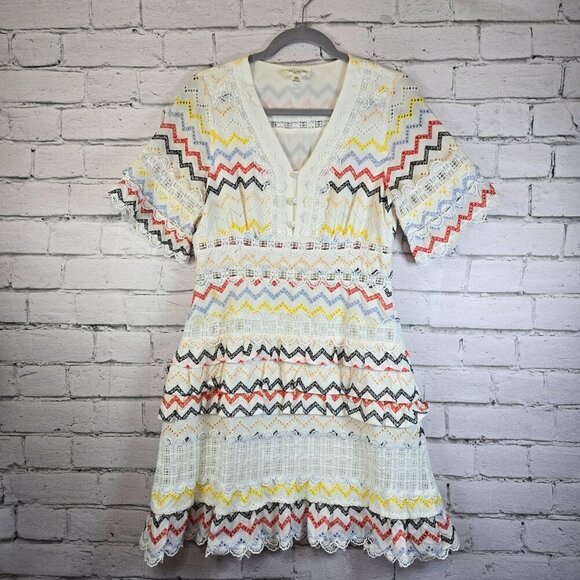 ANTHROPOLOGIE ALLISON NEW YORK DRESS MULTI CHEVRON EYELET LACE RUFFLES TIERED M - Picture 1 of 9